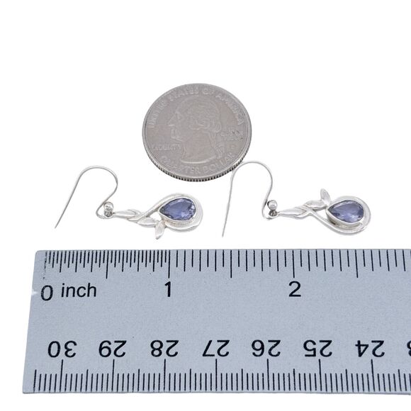 Vintage Sterling Silver 925 Glass Teardrop Floral Design Dangle Earrings - Picture 4 of 5